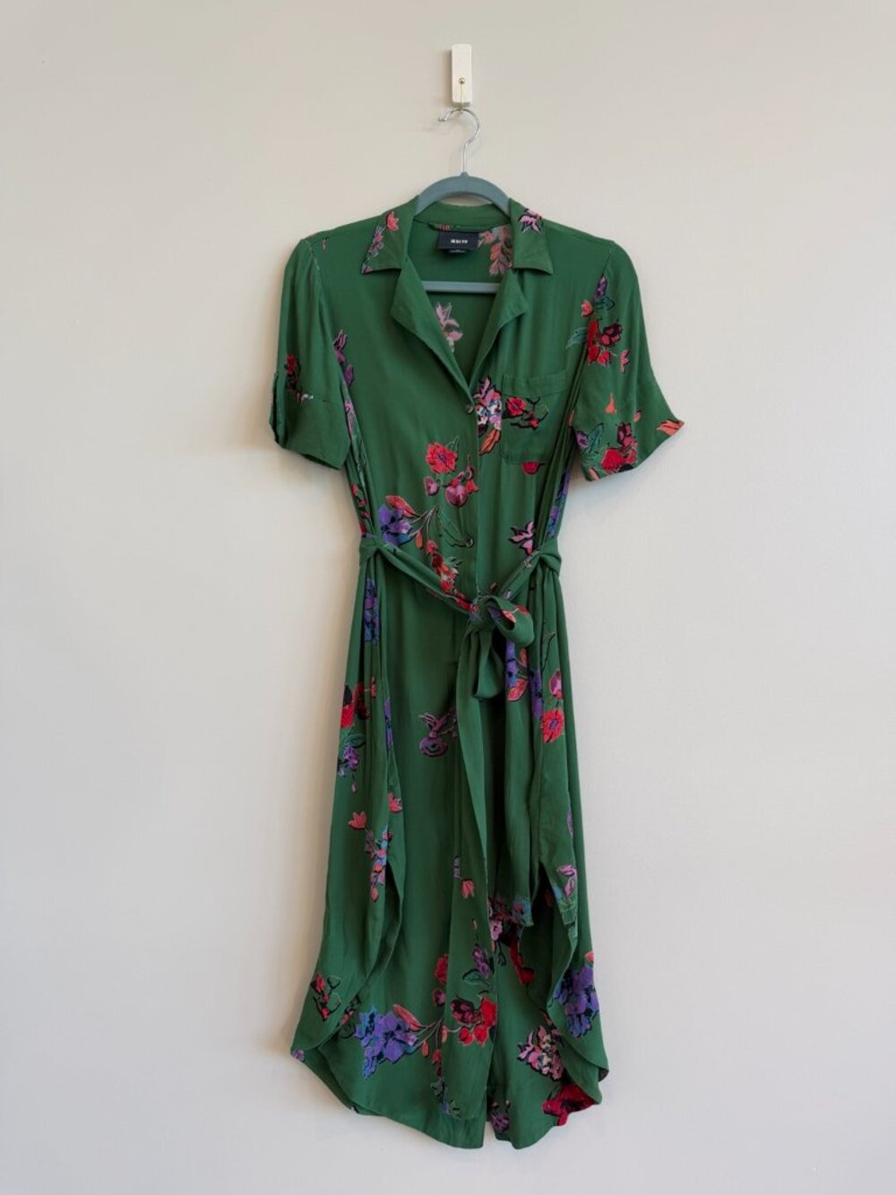 Maeve Anthropologie Green Floral Shirt Dress | Tie Waist | Side Pockets | XS - Picture 2 of 10